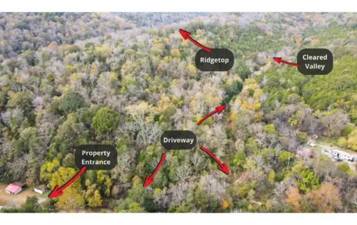 Drone view of 441 Pumpkin Hollow Rd with captions showing property entrance, driveway, cleared valley, and the ridgetop.