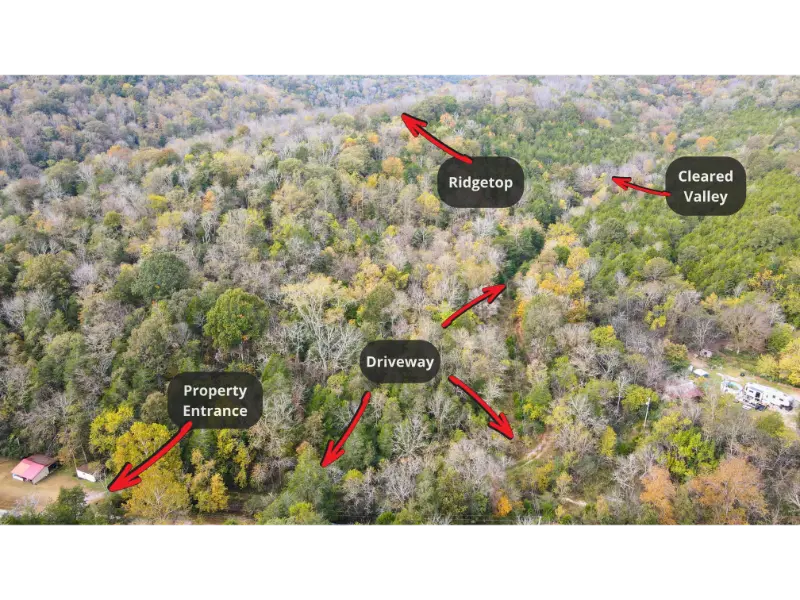 Drone view of 441 Pumpkin Hollow Rd with captions showing property entrance, driveway, cleared valley, and the ridgetop.